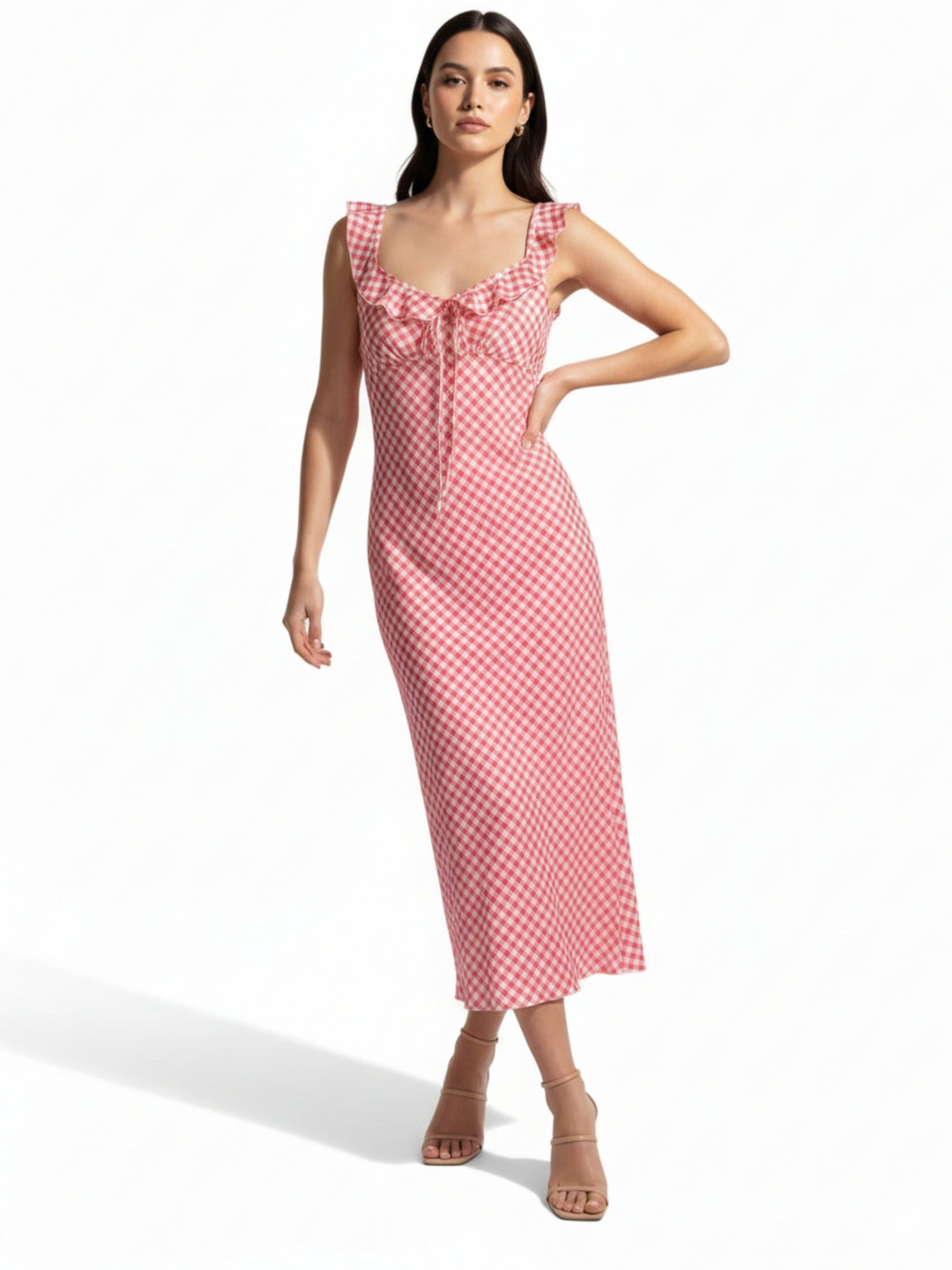 Red Checkered Ruffle Detailed Midi Dress