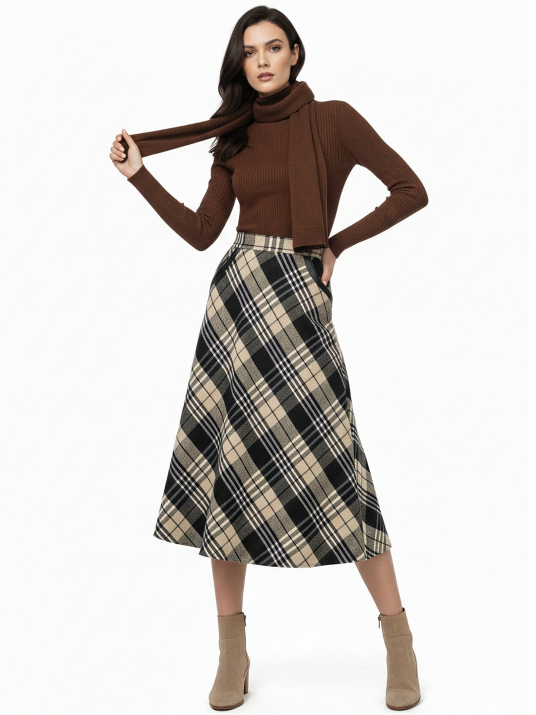 Beige Flared Checkered Skirt