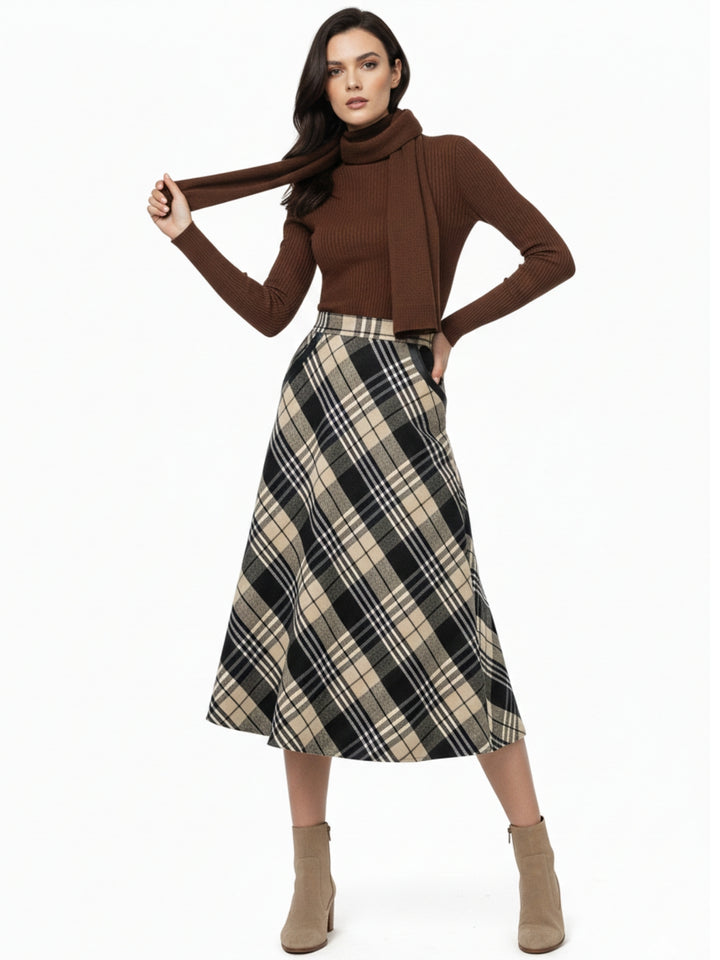 Beige Flared Checkered Skirt