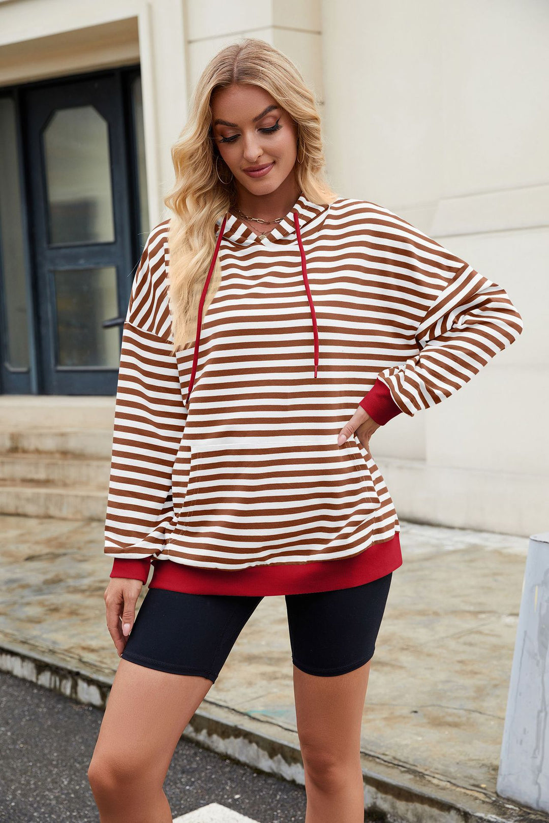 Red Full Sleeve Stripes Hooded Sweatshirt