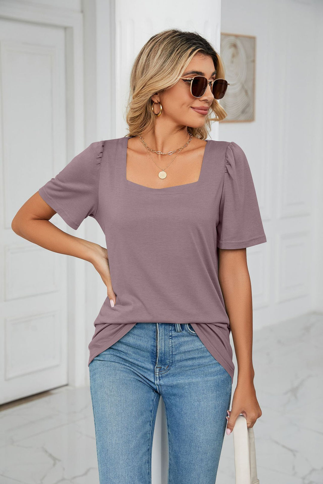 Mauve Short Sleeve Square Neck Top