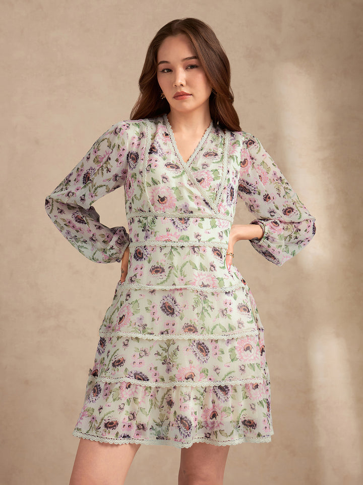 Multi Floral Printed Dress With Lace Detailing