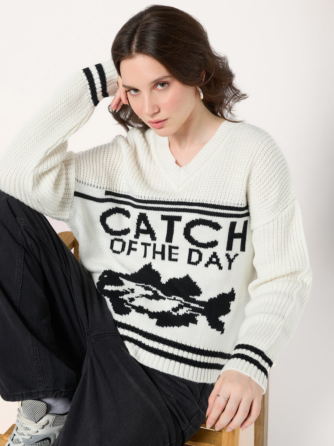 Off White V Neck Graphic Sweater