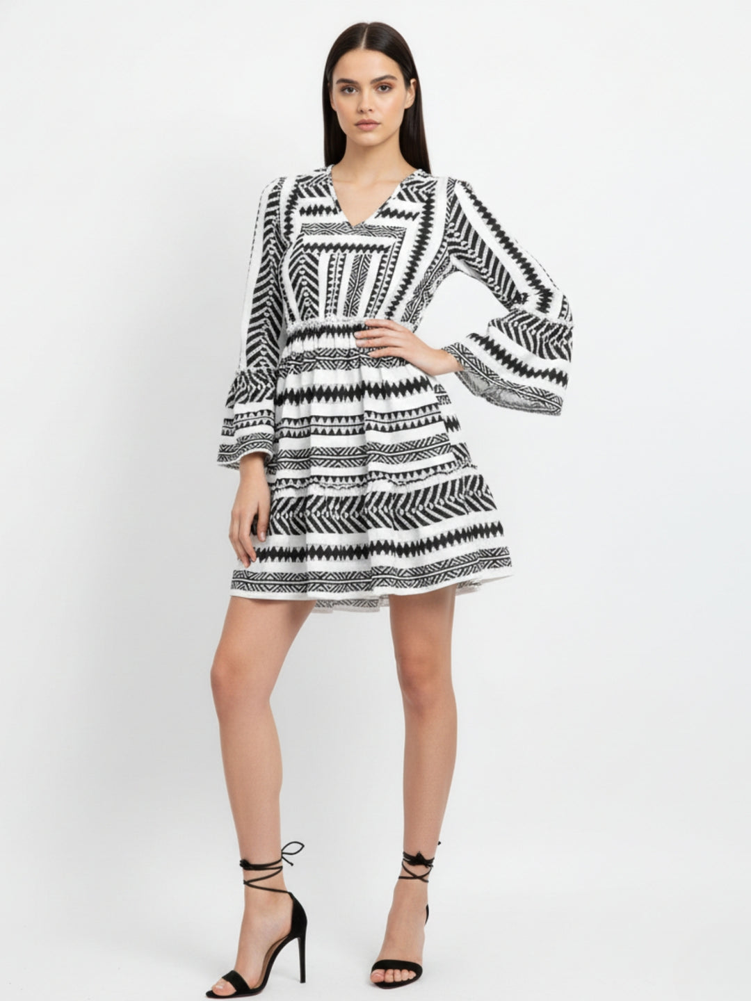 Multi Geometric Printed V Neck Dress