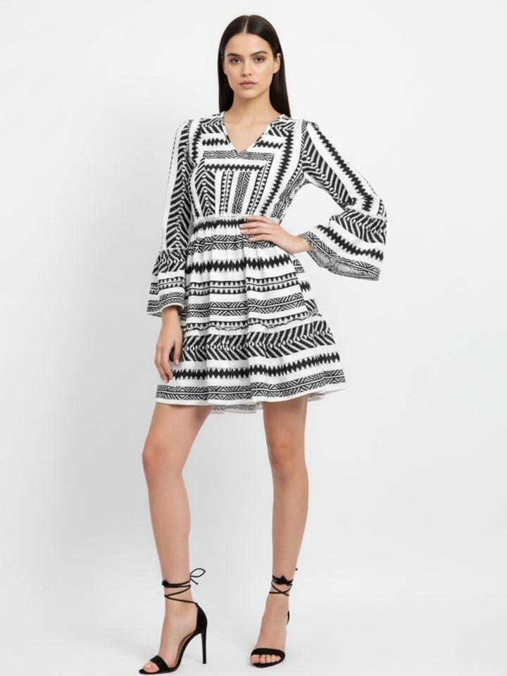 Multi Geometric Printed V Neck Dress