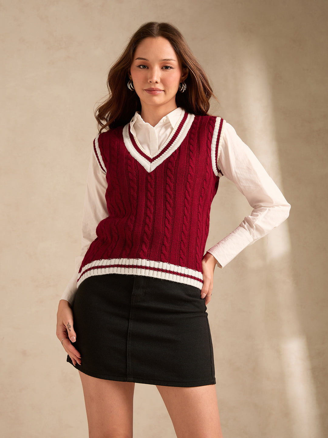 Red Varsity Contrast Tipping Sweater