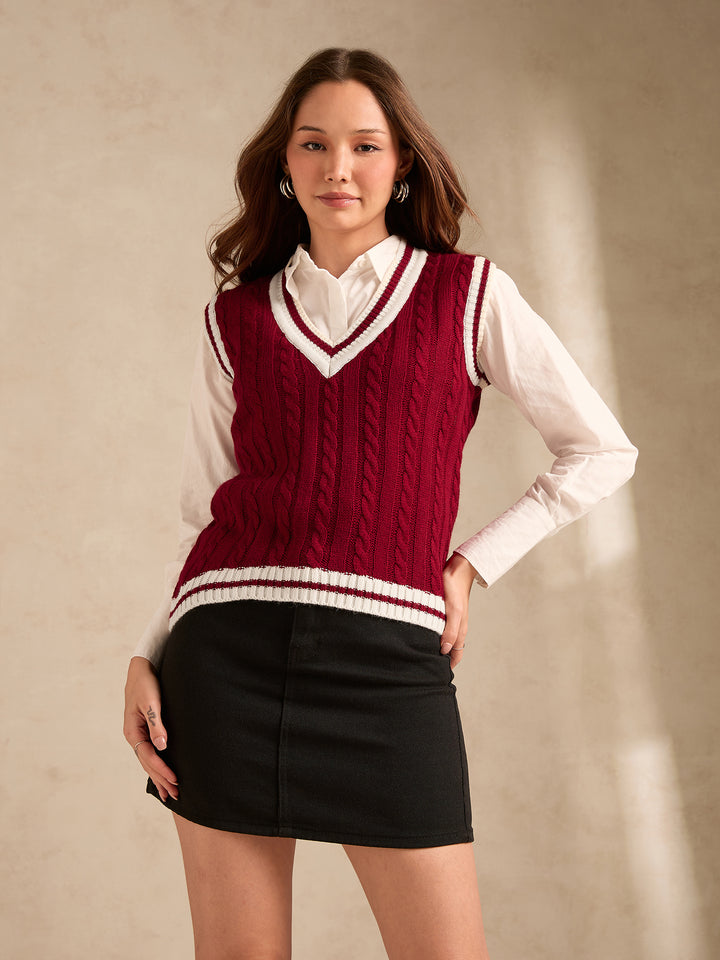 Red Varsity Contrast Tipping Sweater
