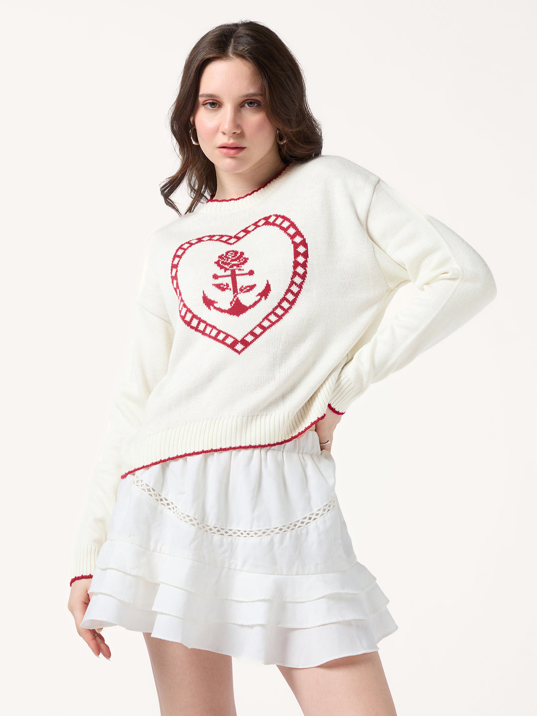 White Contrast Stitch Hem And Neck With Graphic Sweater