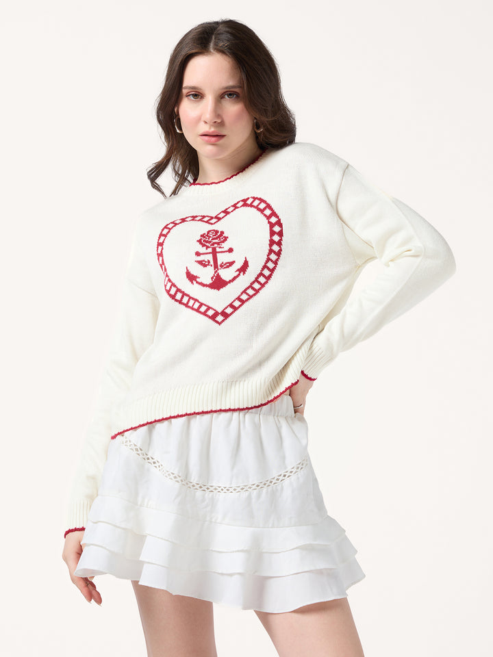 White Contrast Stitch Hem And Neck With Graphic Sweater