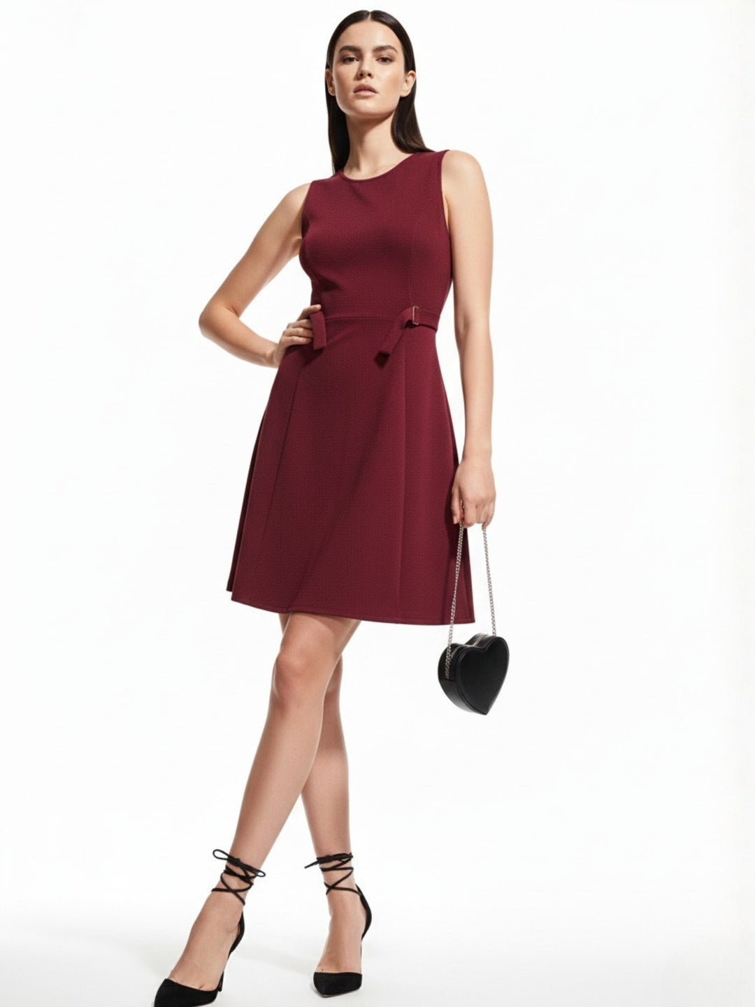 Wine Mini Flared Dress With Buckle Detail At Waist
