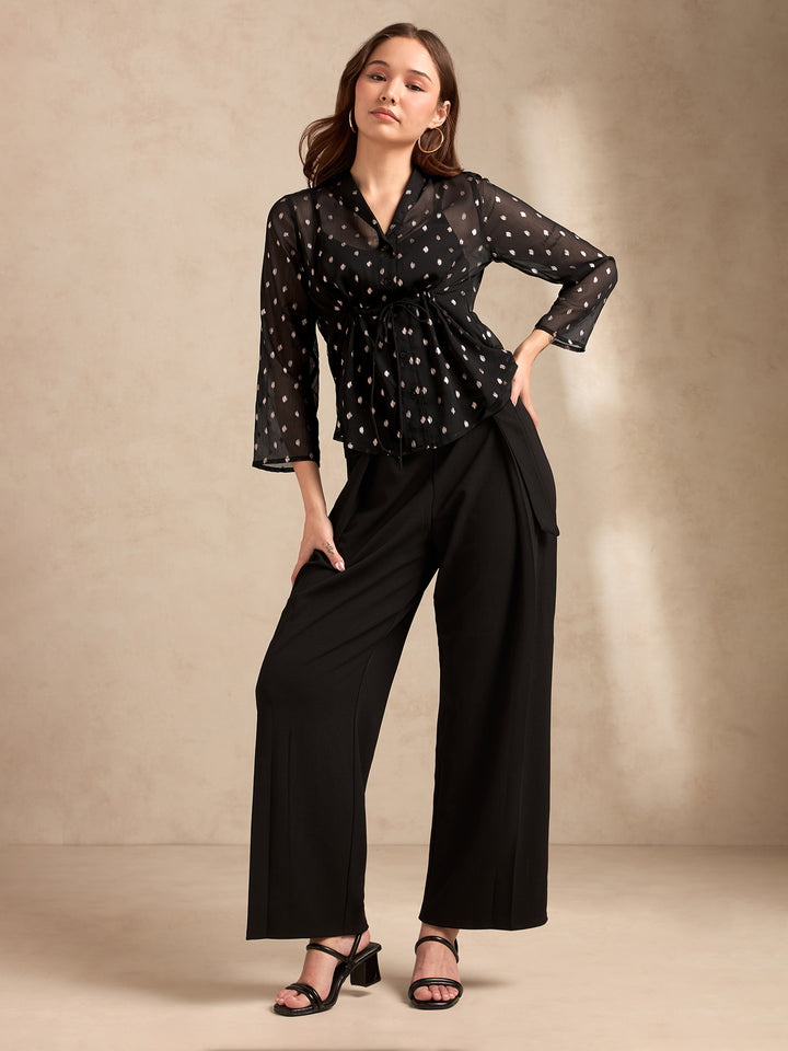 Black Printed Lapel Collar Blouse With Drastring Waist Detail