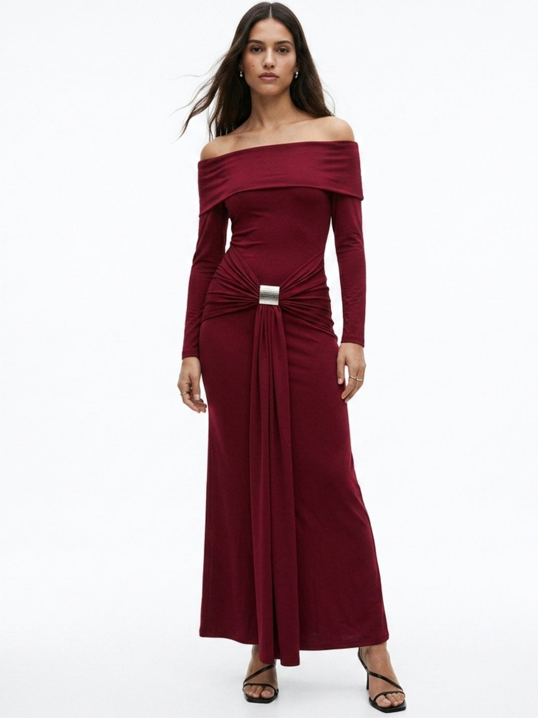 Red Off-Shoulder Maxi Dress With Metal Buckle