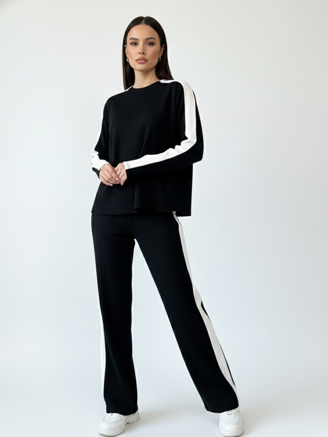 Black Contrast Coloured Striped Top And Pant Co-Ord Set