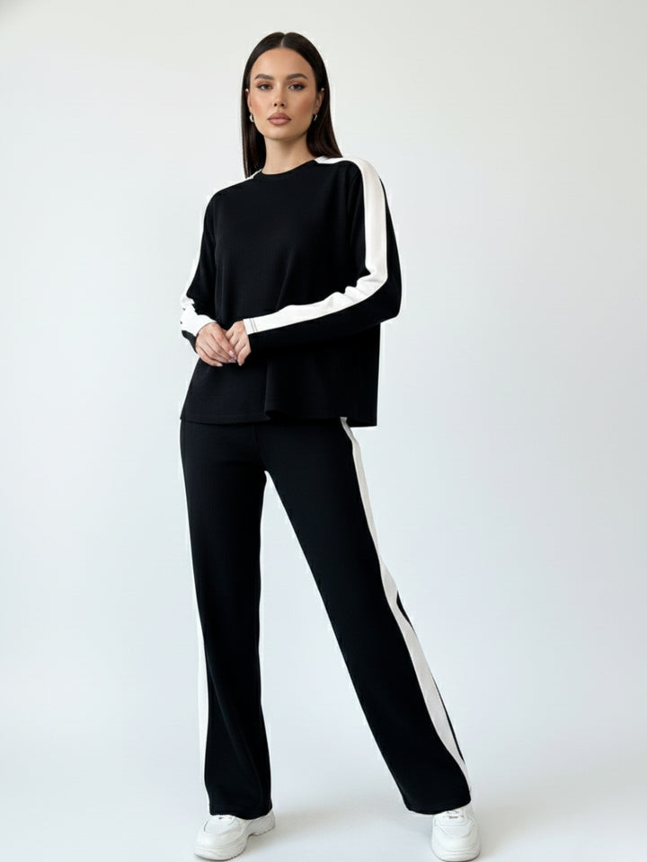 Black Contrast Coloured Striped Top And Pant Co-Ord Set