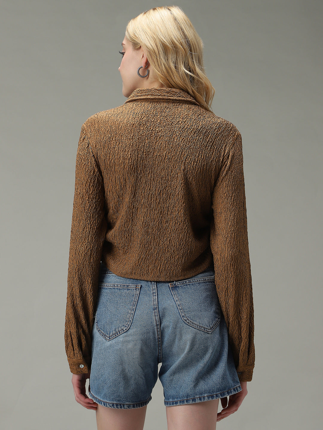 Brown Textured Crop Shirt