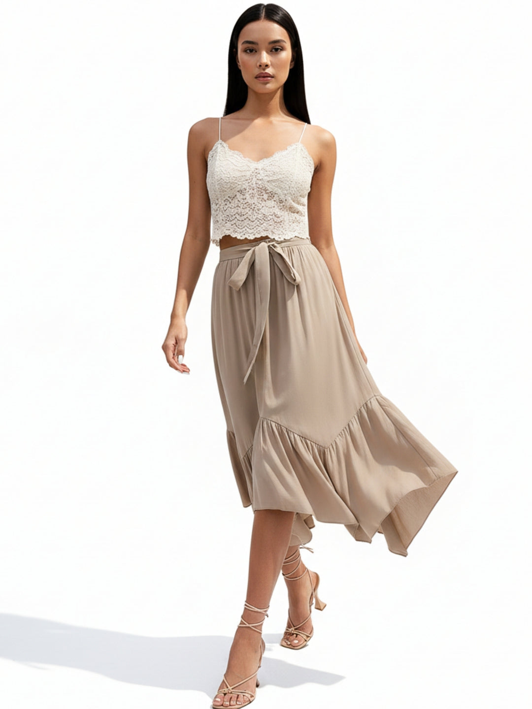 Tan High Waist Tie-Up Ruffle Hem Skirt