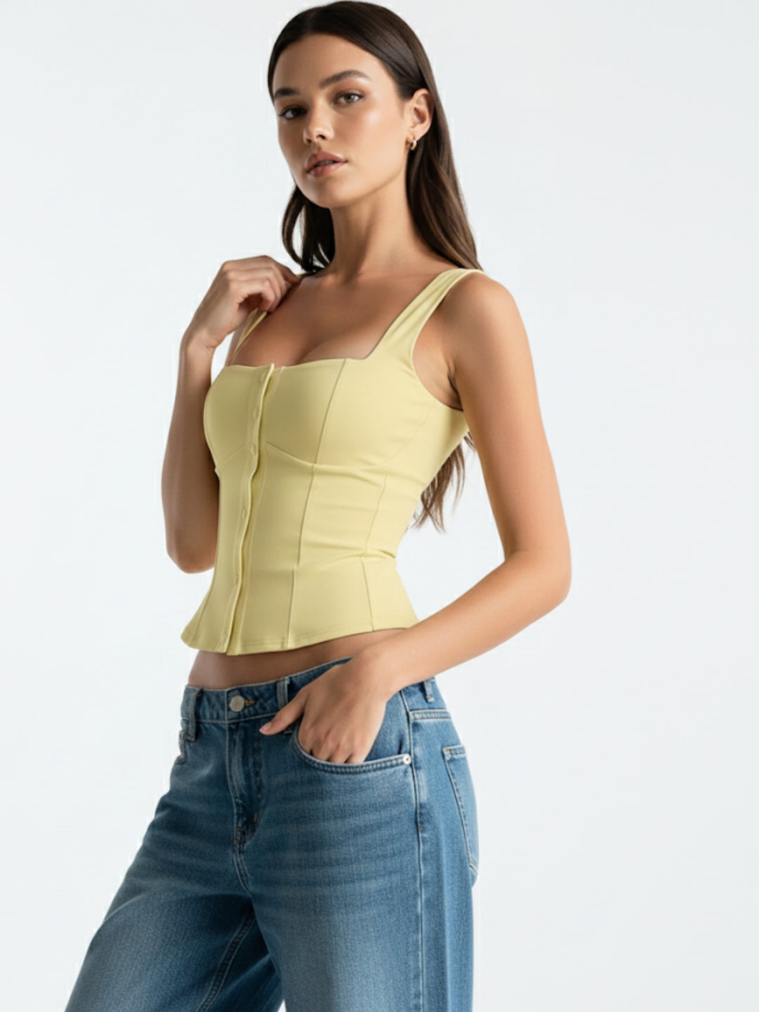Yellow Shoulder Strap Front Buttoned Tank