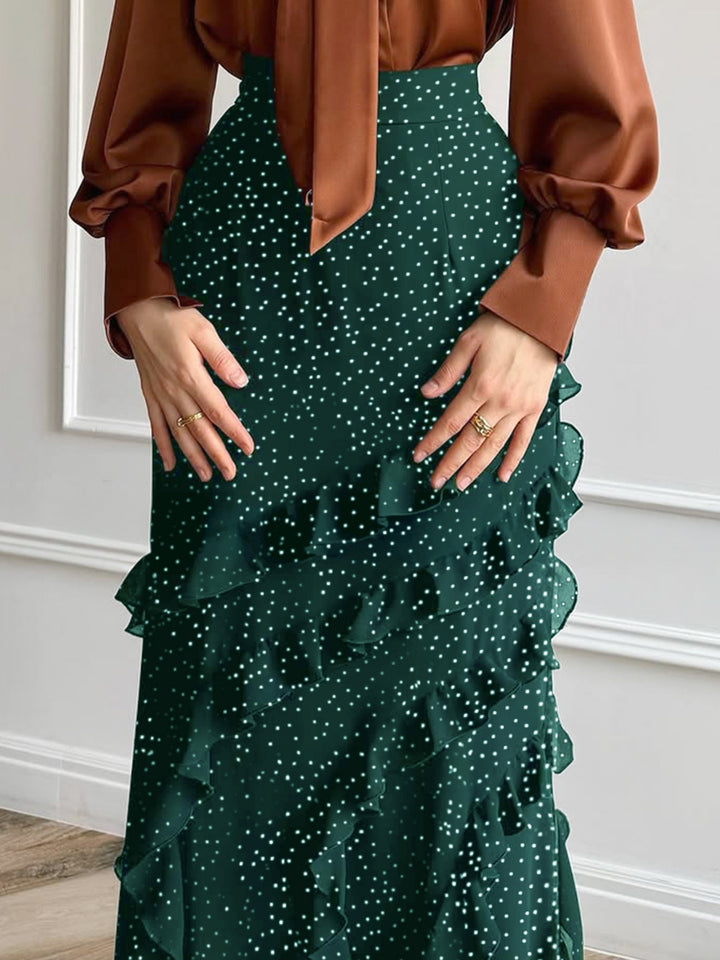 Green Tiered Maxi Skirt With Ruffles Detailing