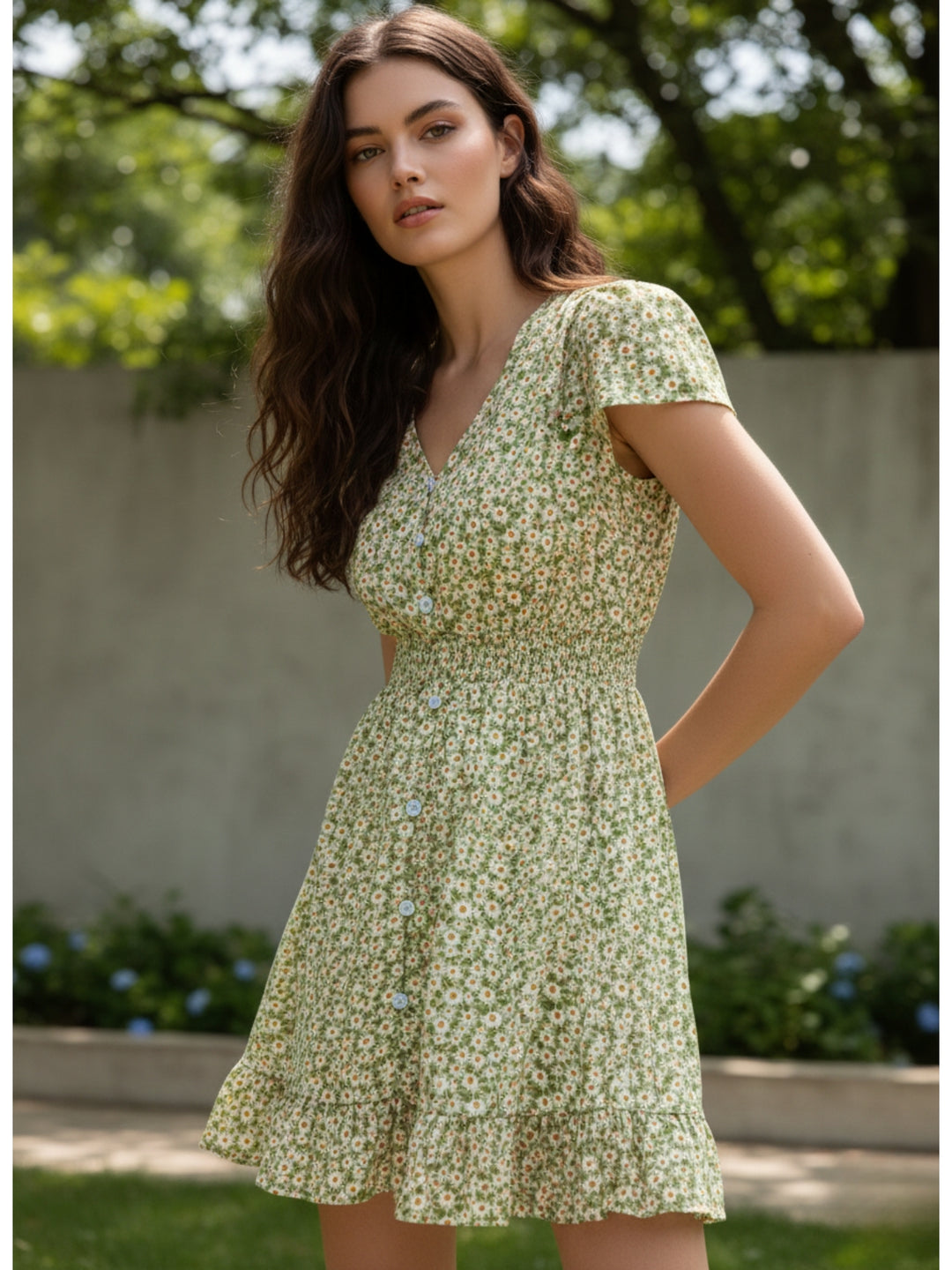 Green V-Neck Printed Ruffle Hem Dress