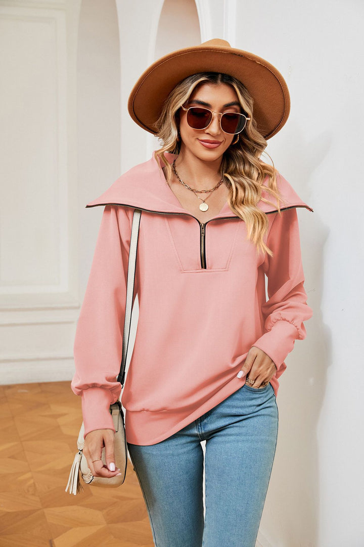 Peach Full Sleeves Big Collar Half Zip Sweatshirt