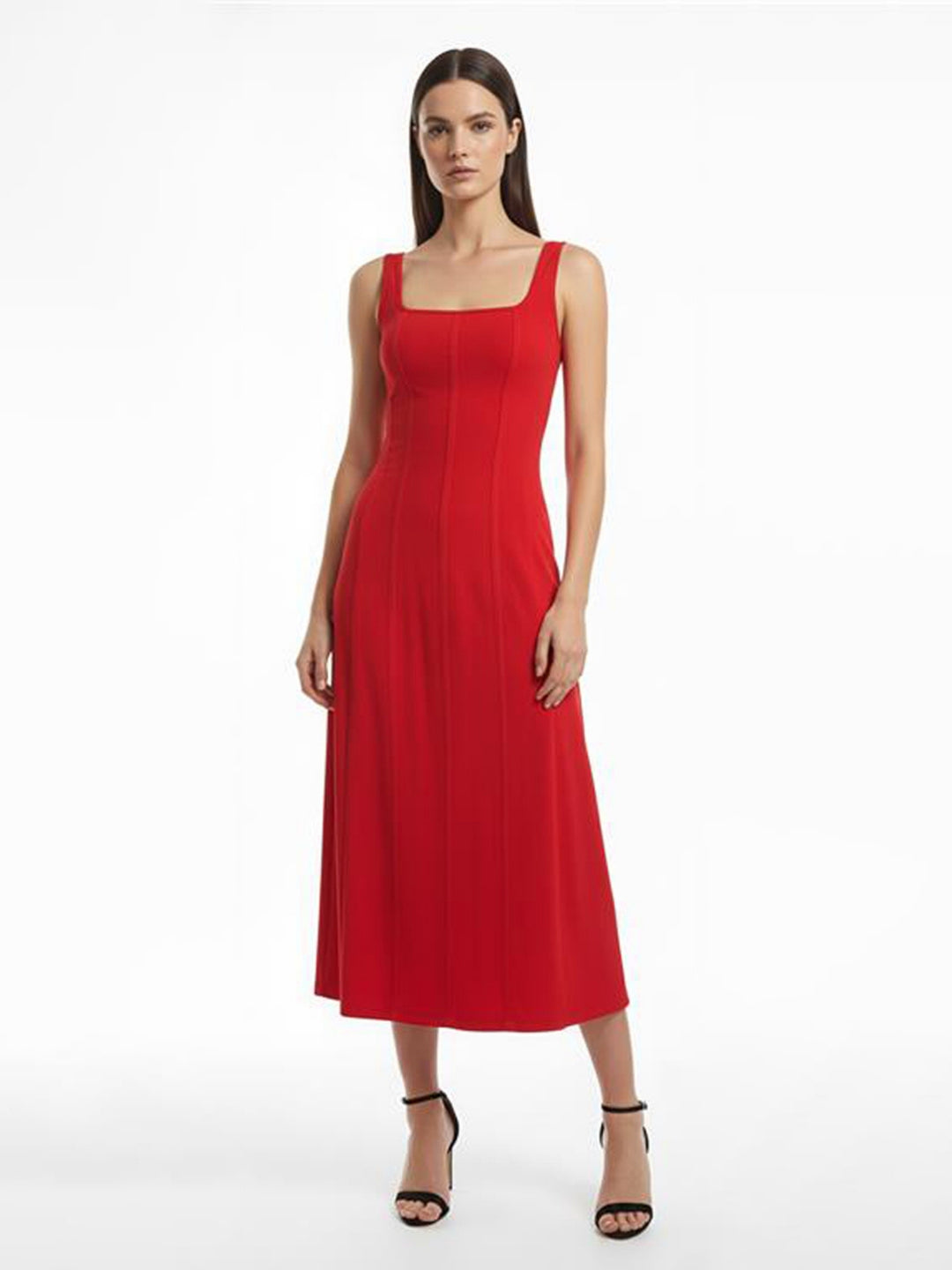 Red Square Neck Solid Flared Dress