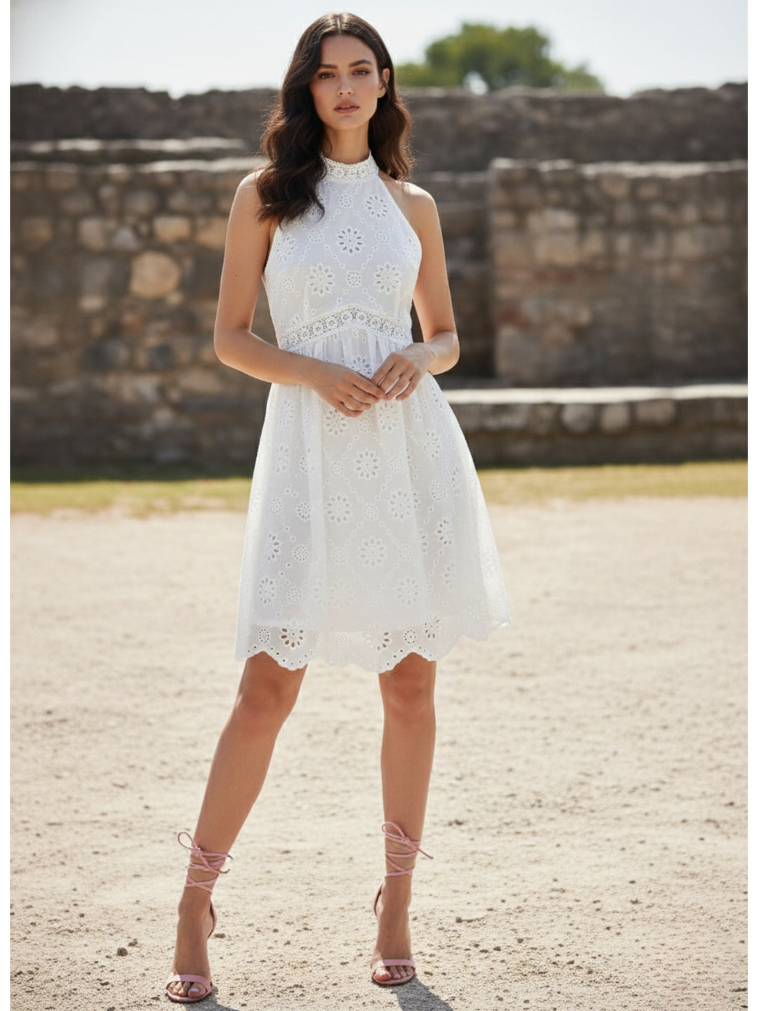 White Halter Neck Schiffli Dress