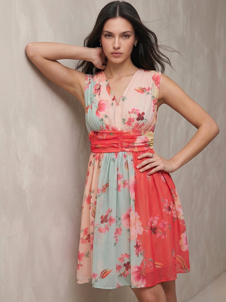 Multi Printed Mini Dress With Ruched Waistline