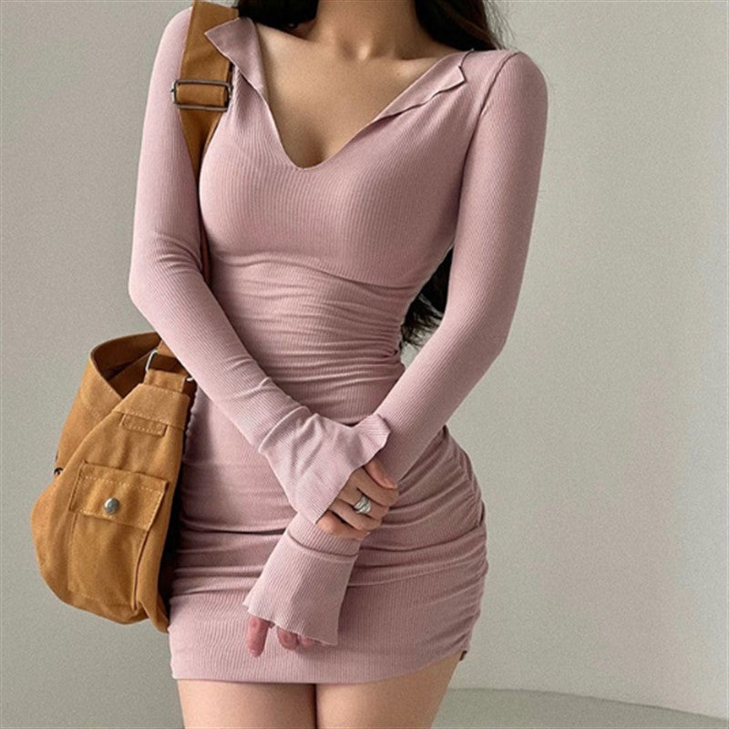 Pink V Neck Bodycon Dress
