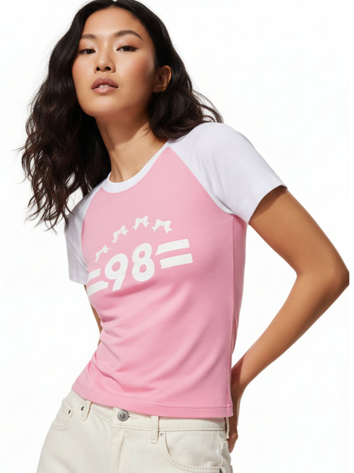 Pink Raglan Cropped Top With Graphic Print