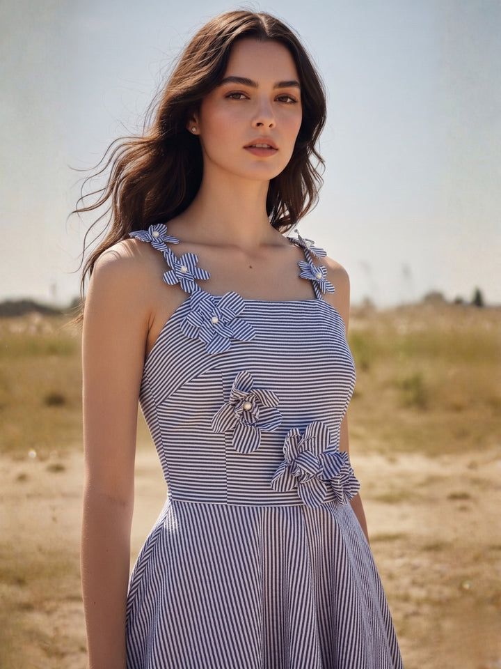 Blue Midi Yarndyed Dress With Cutout Floral Applique Detail
