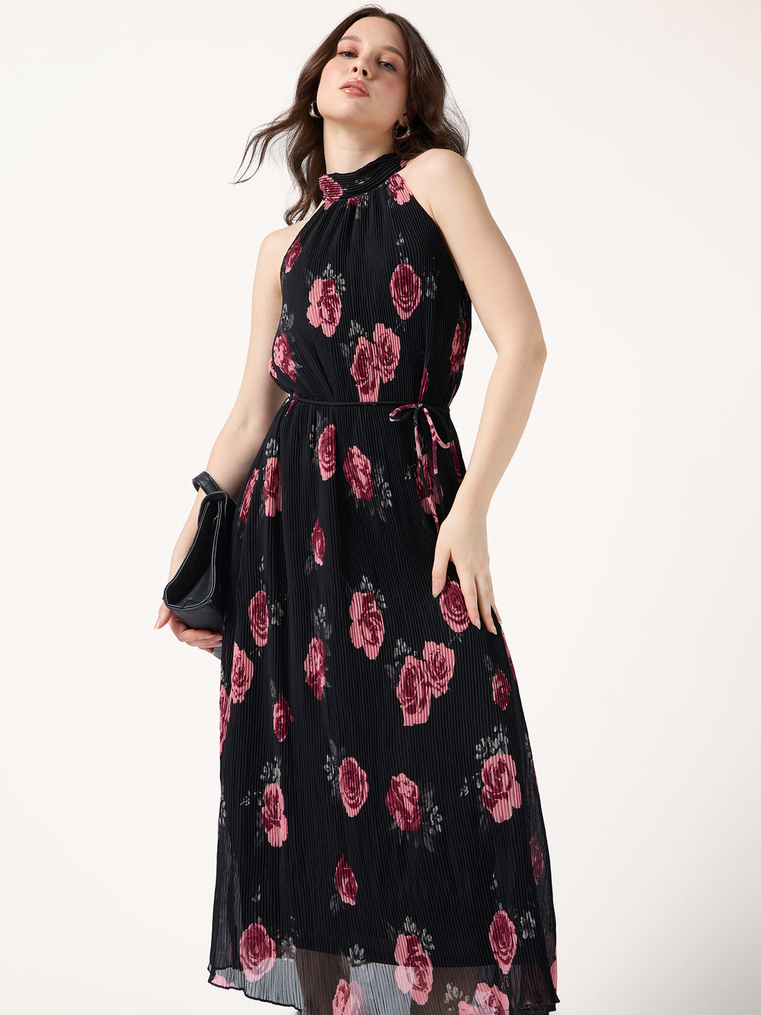 Black Halter Neck Floral Printed Dress
