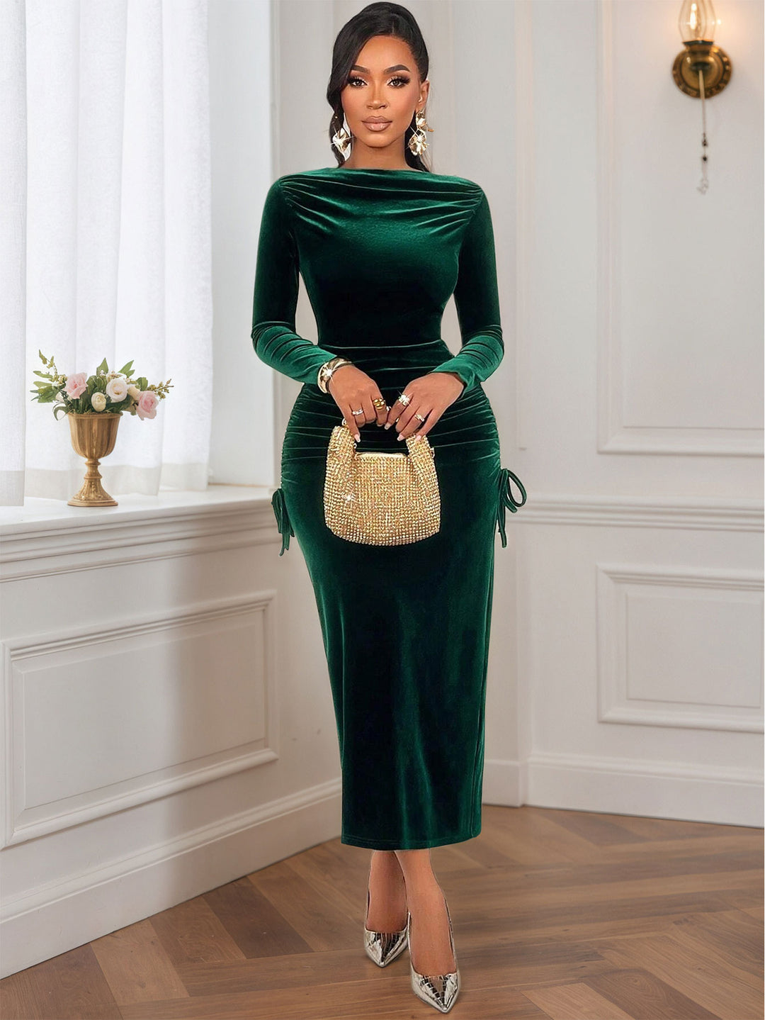 Dark Green Full Sleeve Side Waist Ruched Dress