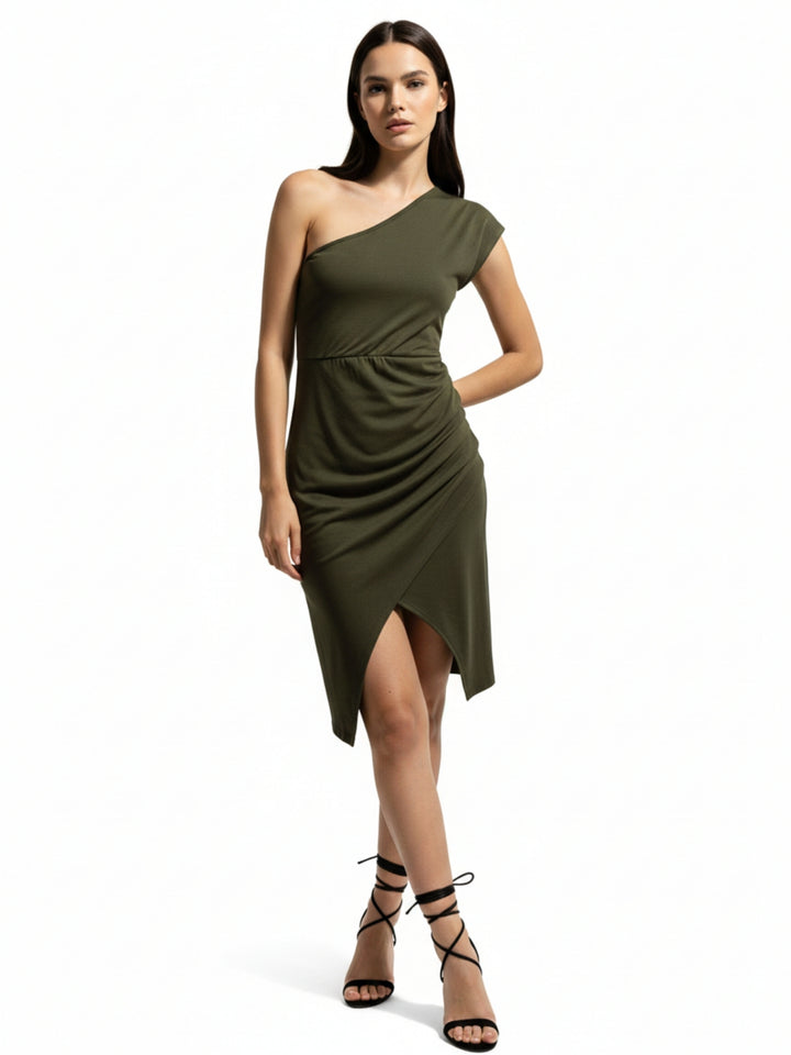 Olive One Shoulder Asymmetrical Hem Dress