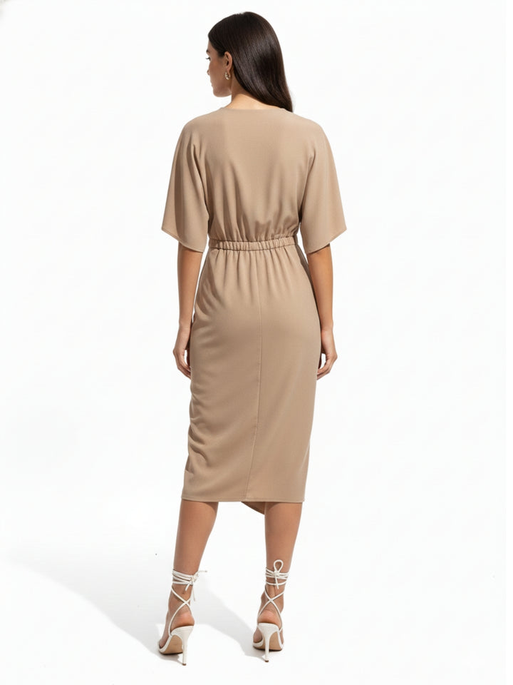 Brown Short Sleeve Waist Twisted Dress