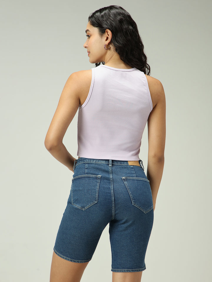 Beige Solid Embroidered Tank Top
