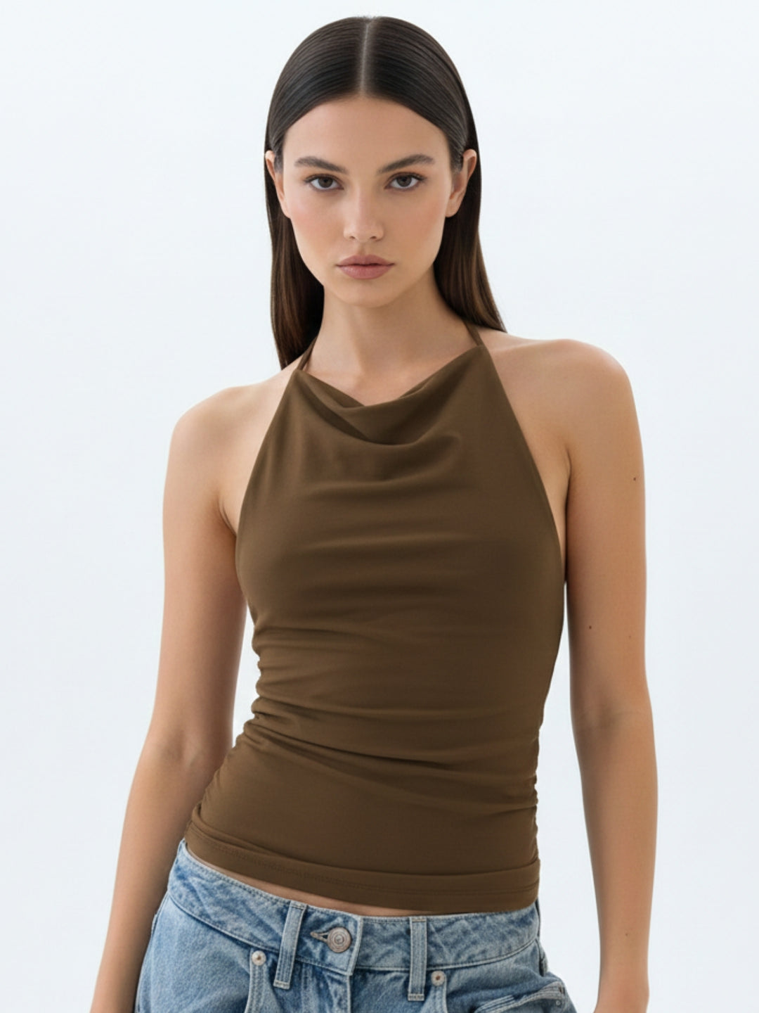 Brown Halter Cowl Neck Fitted Top