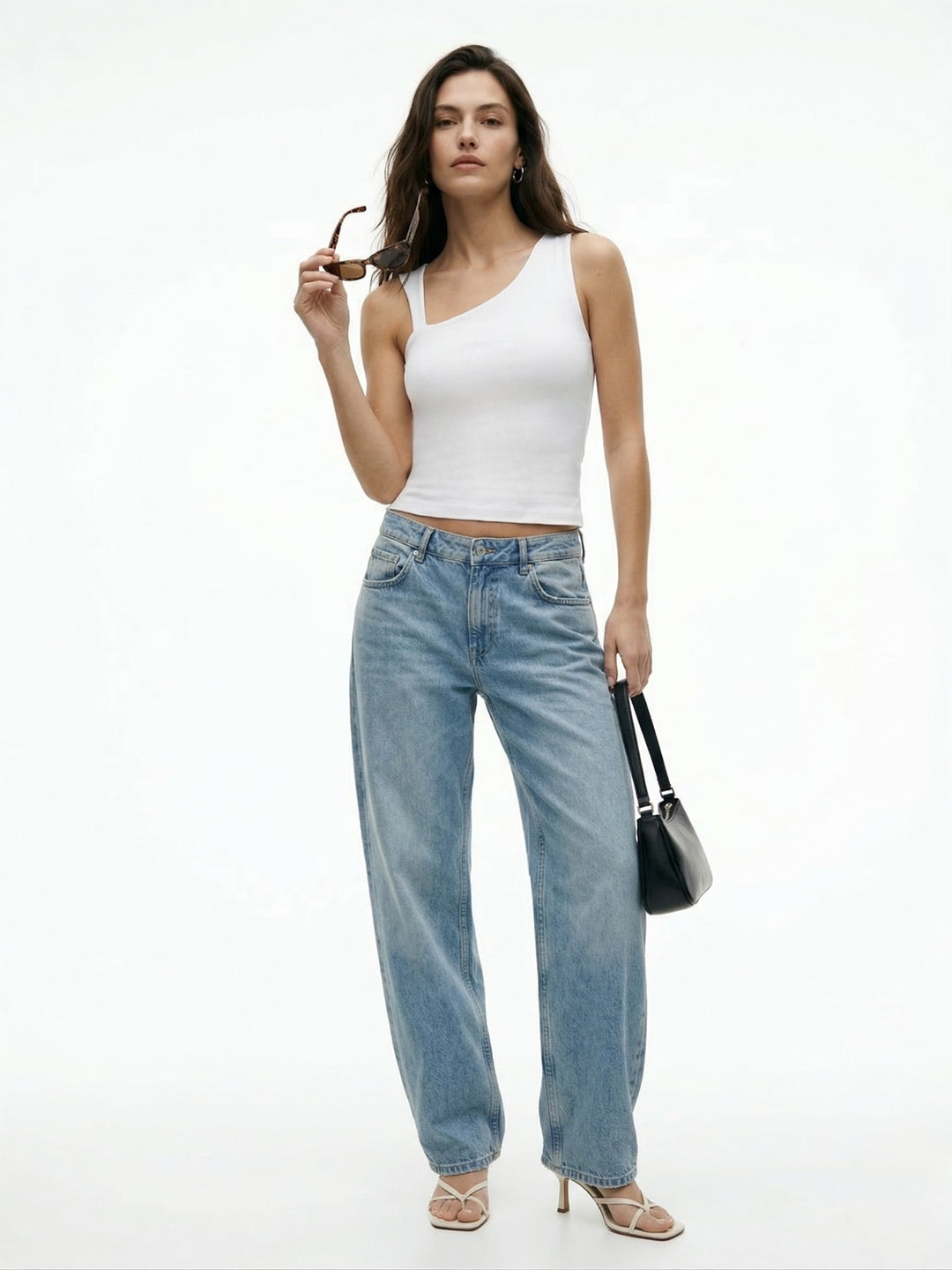 White Asymmetric Neckline Fitted Top