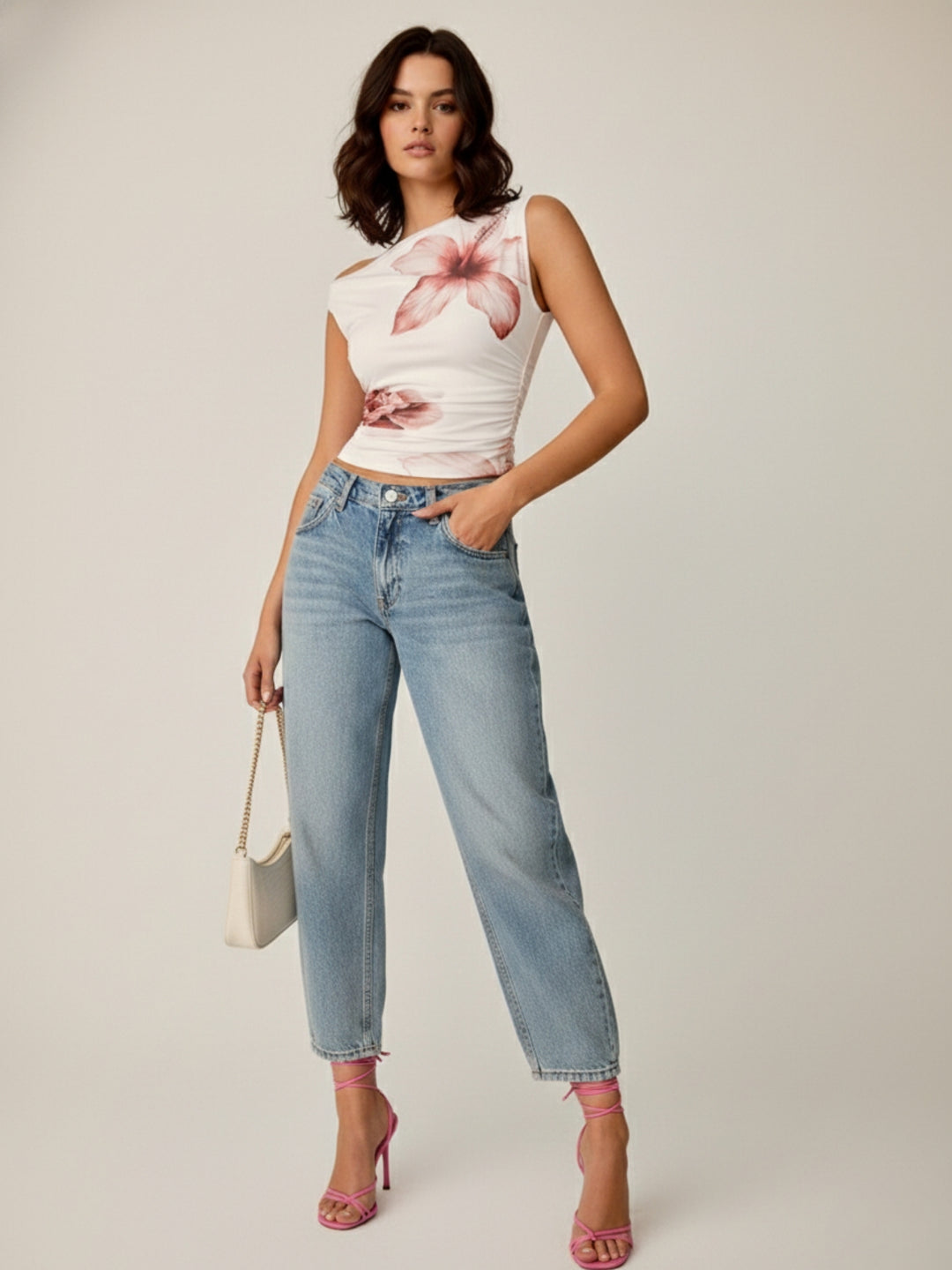 White Bold Floral Fitted Top