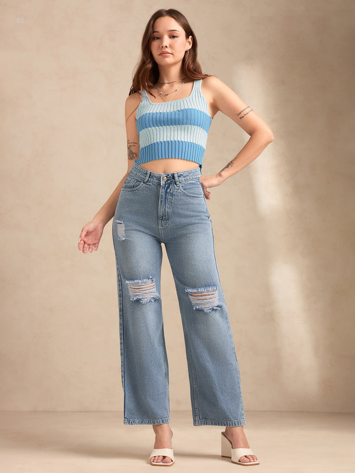 Blue Square Neck Flat Knit Tank