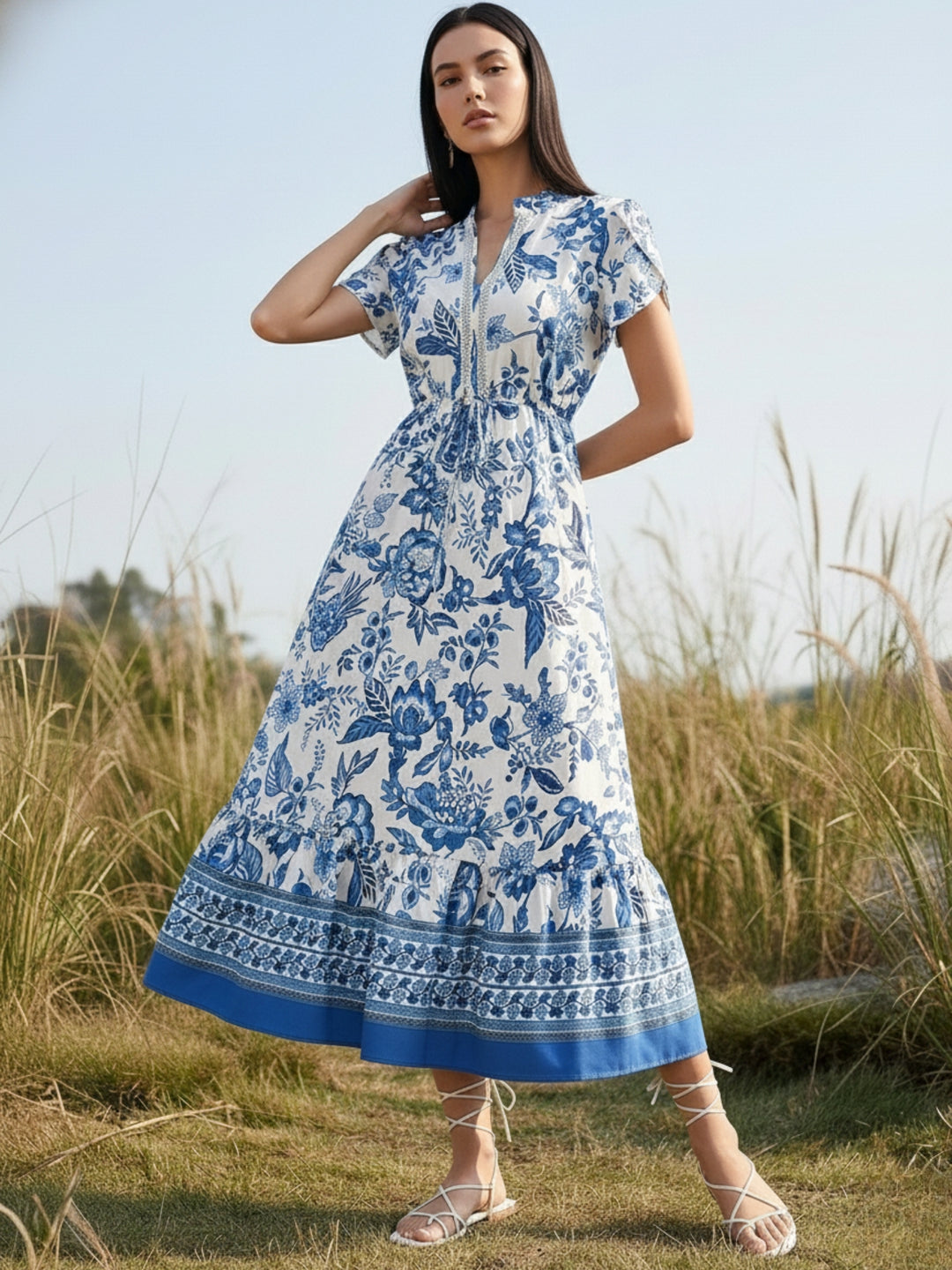 Blue Short Sleeve Collared Neck Printed Dress