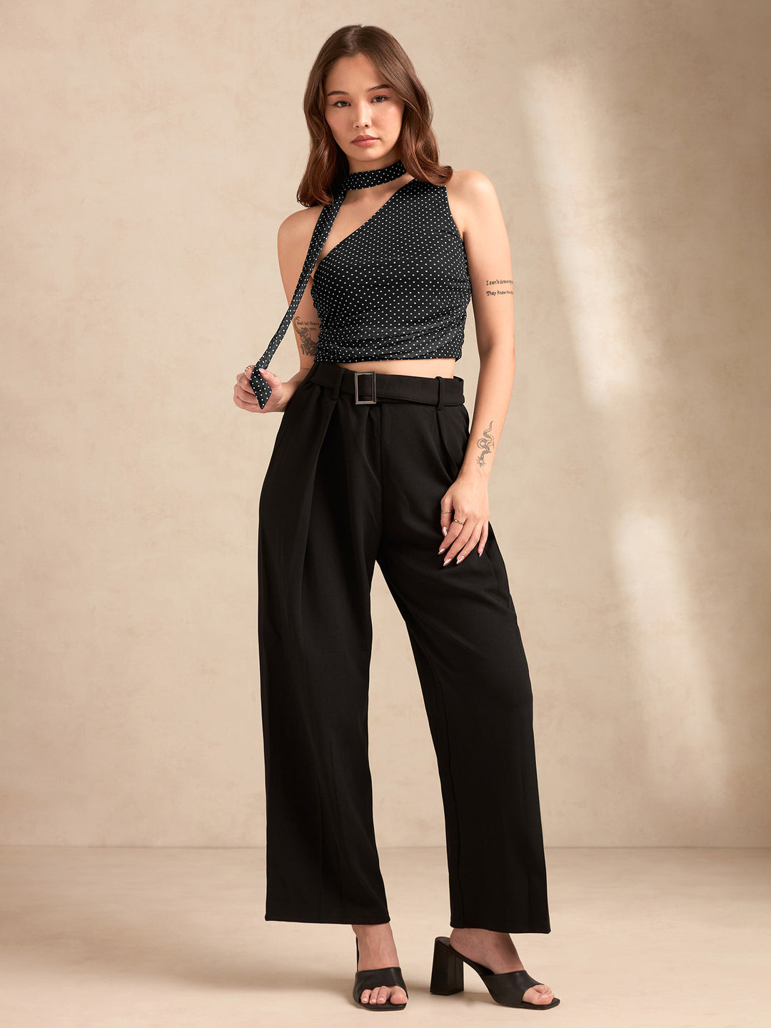 Black Polka Dot One Shoulder Top