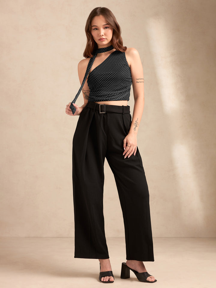 Black Polka Dot One Shoulder Top