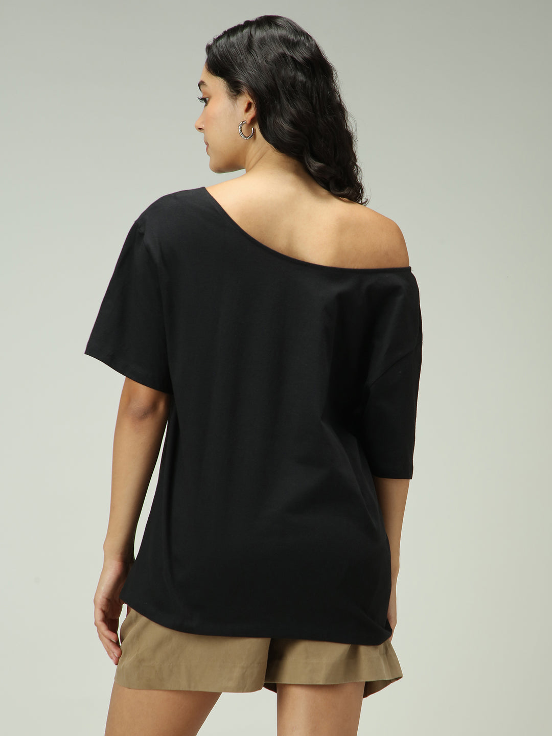Black One Shoulder Graphic T-Shirt