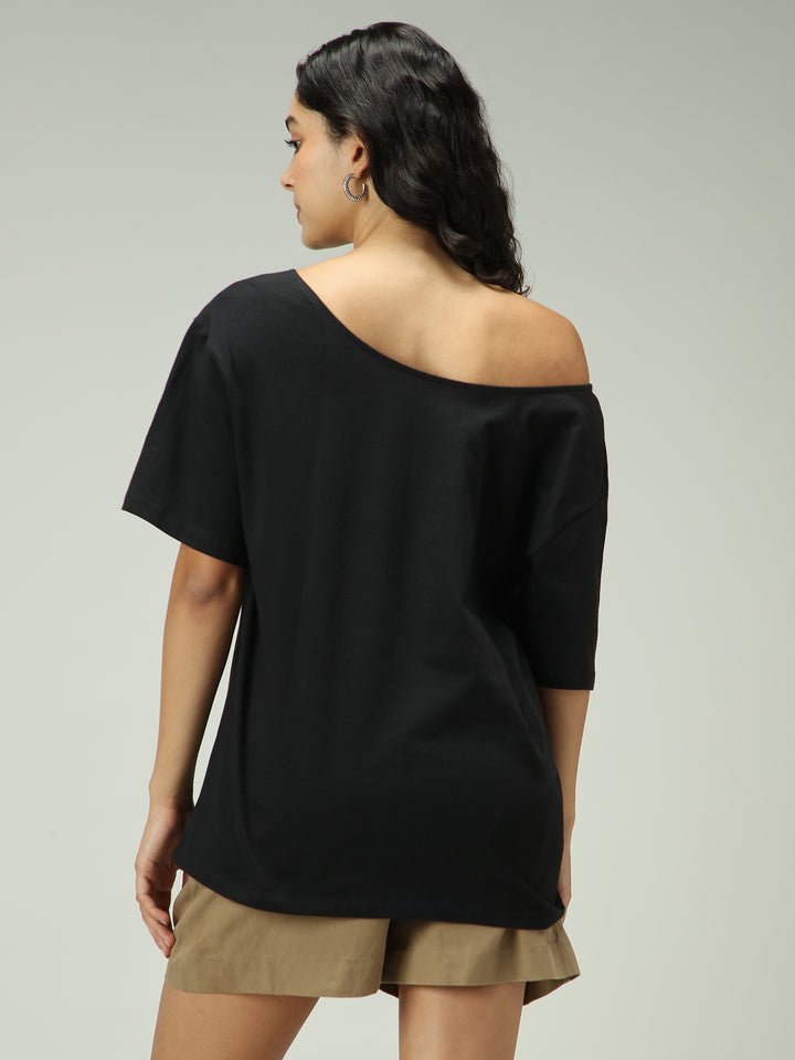 Black One Shoulder Graphic T-Shirt