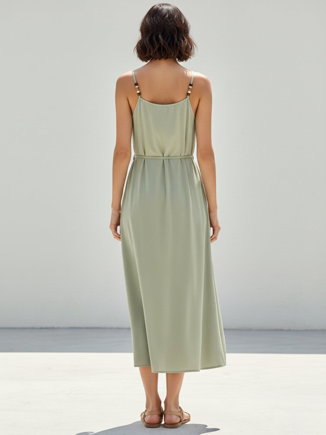 Green Spaghetti Strap Waist Tie-Up Flared Dress