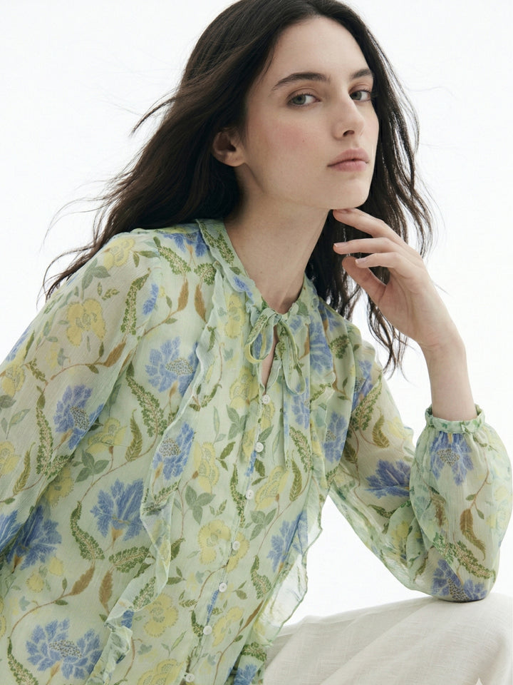Green Printed With Ruffle Details Blouse
