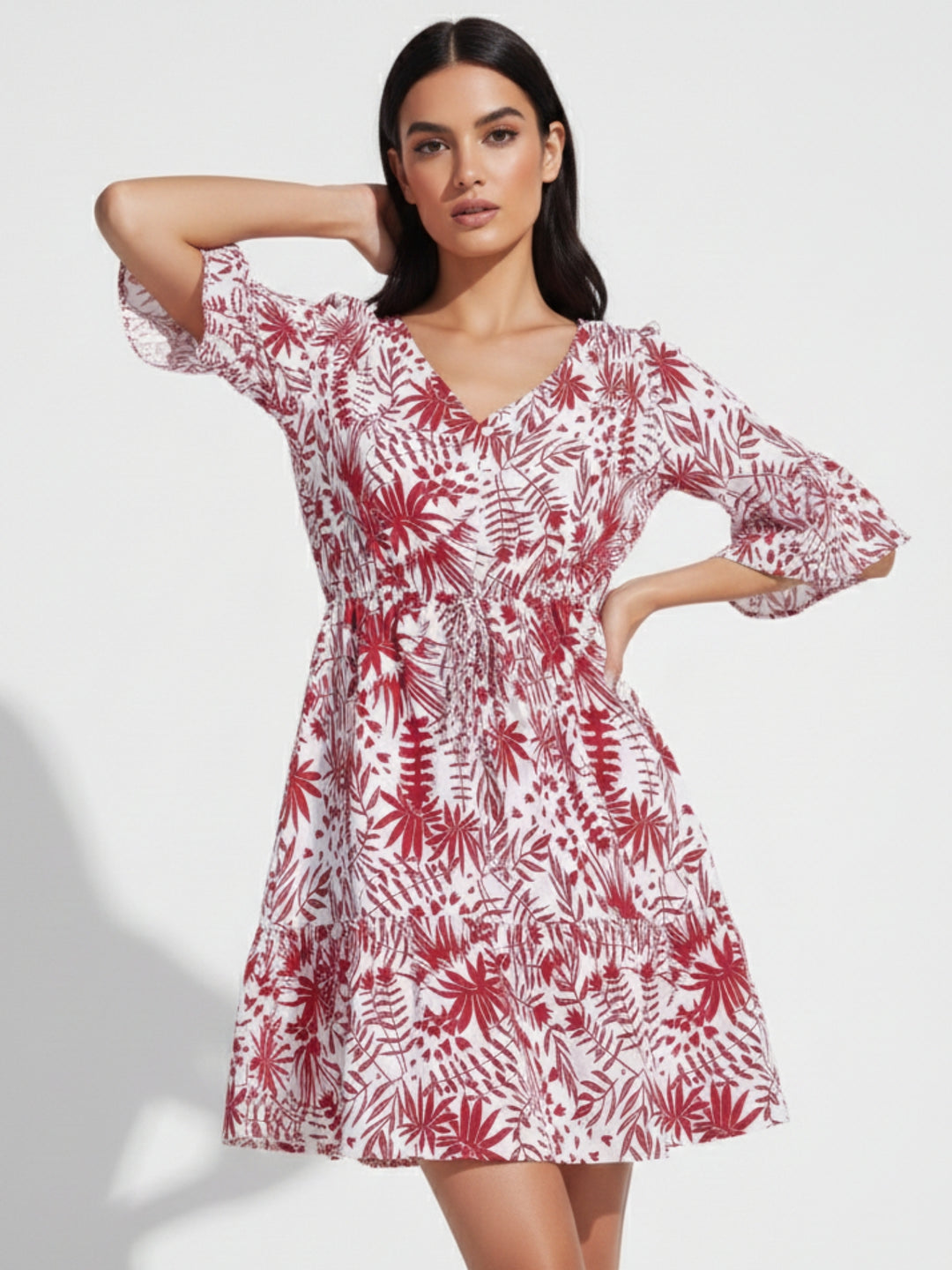 Burgundy Bell Sleeve Waist Fitted Printed Dress