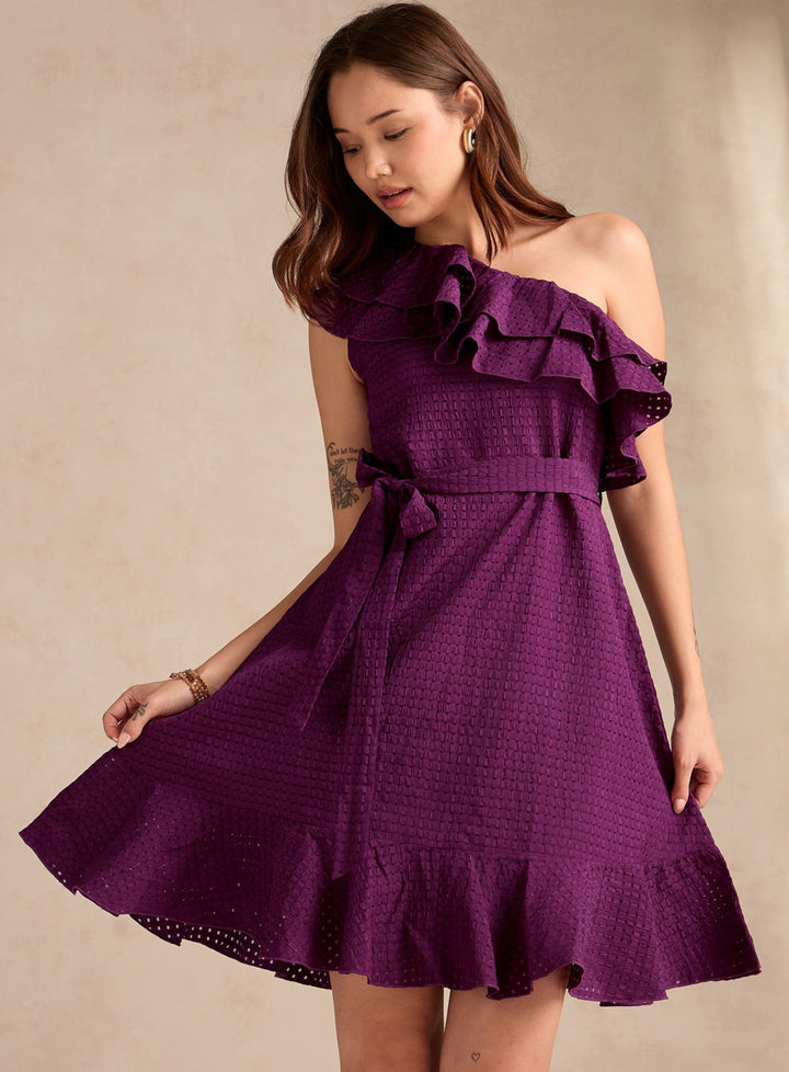 Purple Soft Ruffle One Shoulder Dress