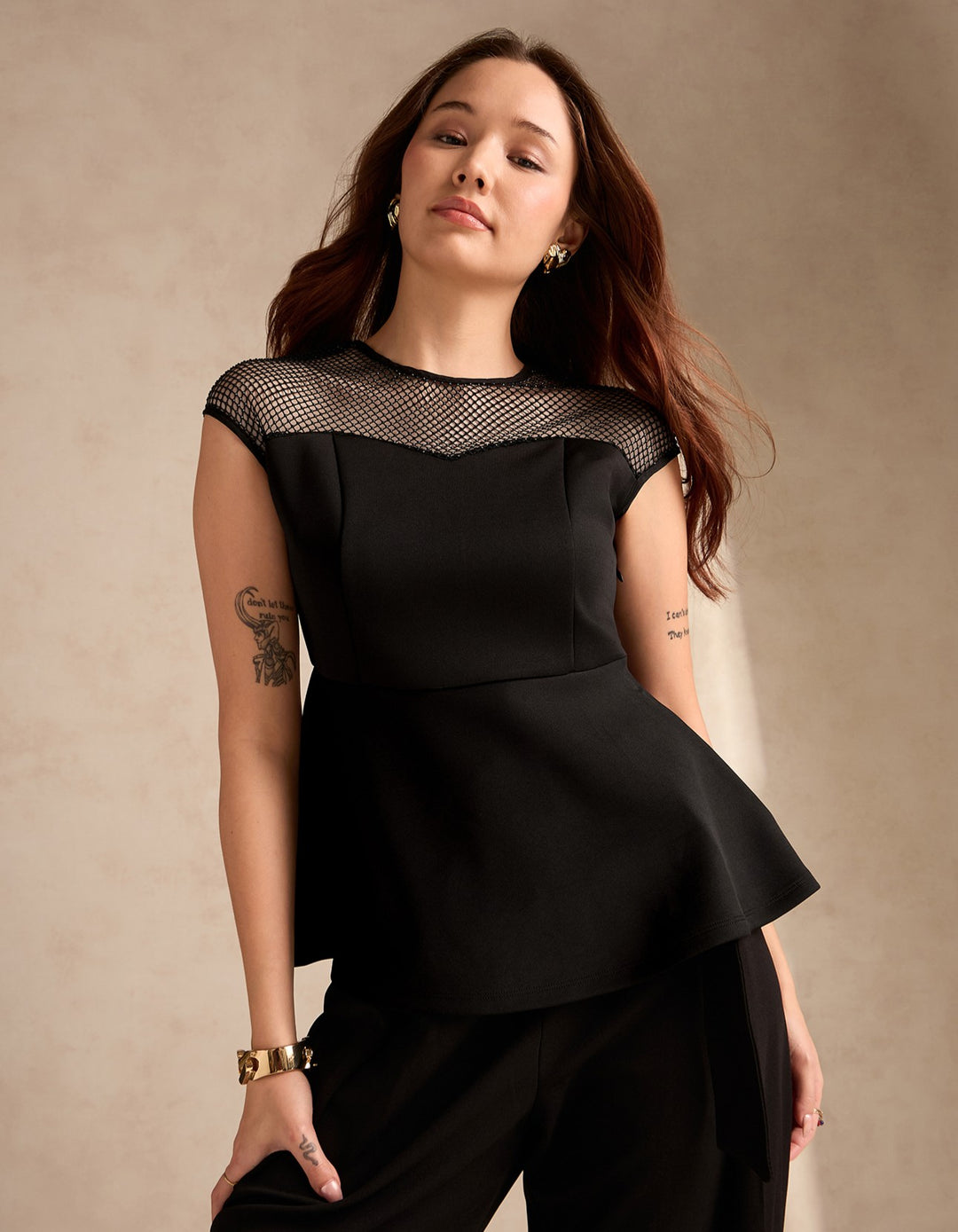 Black Studded Mesh Peplum Top