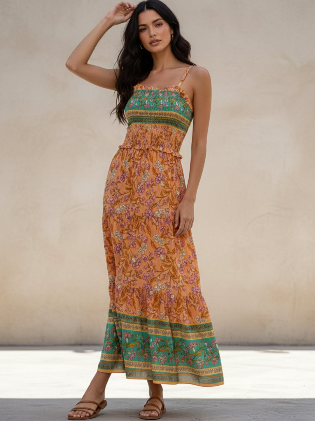 Orange Spaghetti Strap Printed Tiered Dress